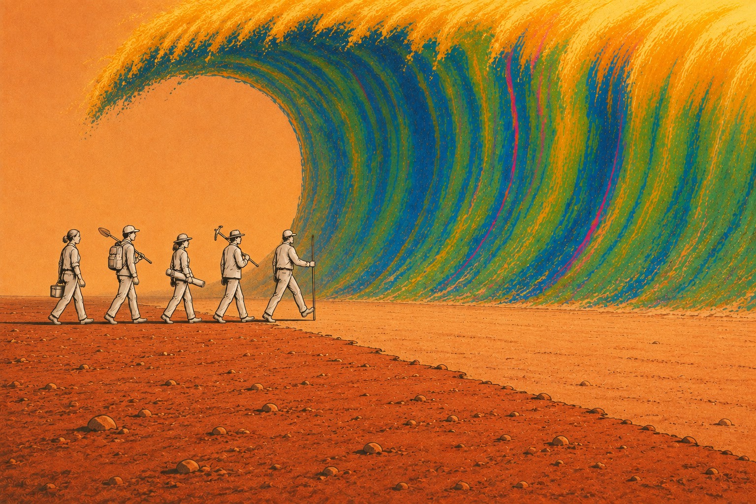 A small crew of workers with hand tools walking calmly toward an enormous curling wave of electric green and cobalt colour that lays down fresh ground as it advances - risograph style illustration on warm terracotta
