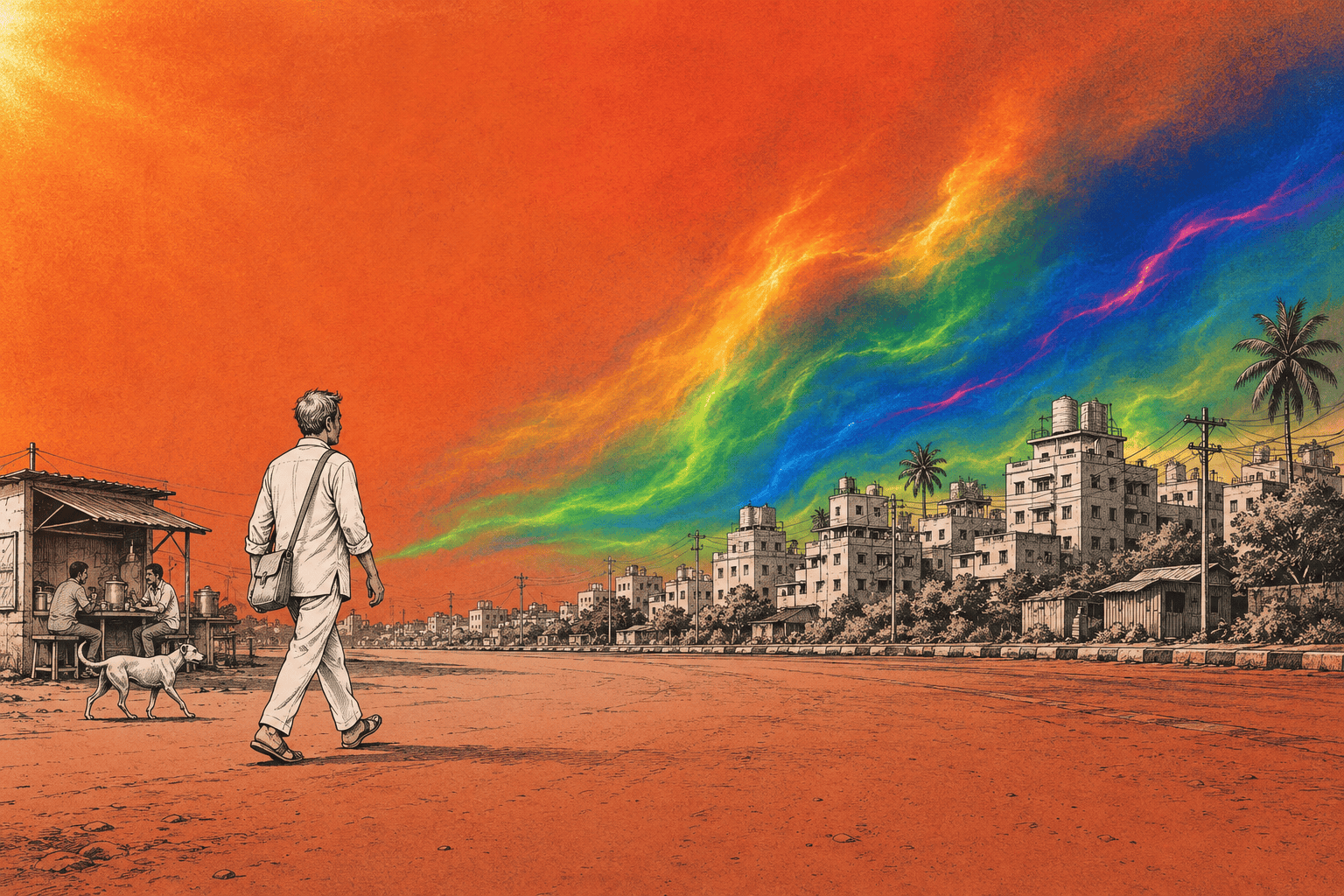 Bengaluru Darshana - a walker on an open road at dusk, a band of impossible colour reaching across the sky toward the city