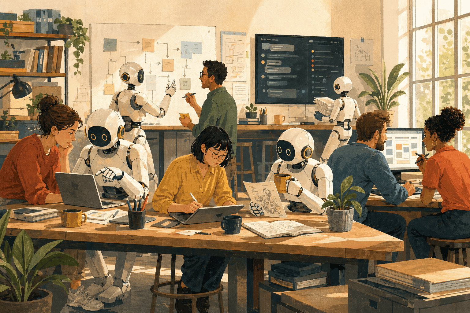 The Playground - editorial illustration of humans and AI agents collaborating side-by-side in a sunlit lab, working on screens showing chat interfaces and workflow diagrams