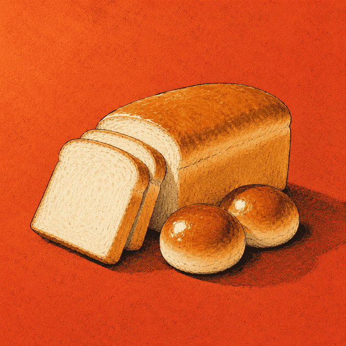A cut loaf of bread and two buns