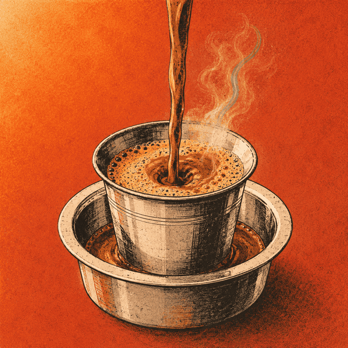 A South Indian filter coffee poured into a steel tumbler standing in its davara