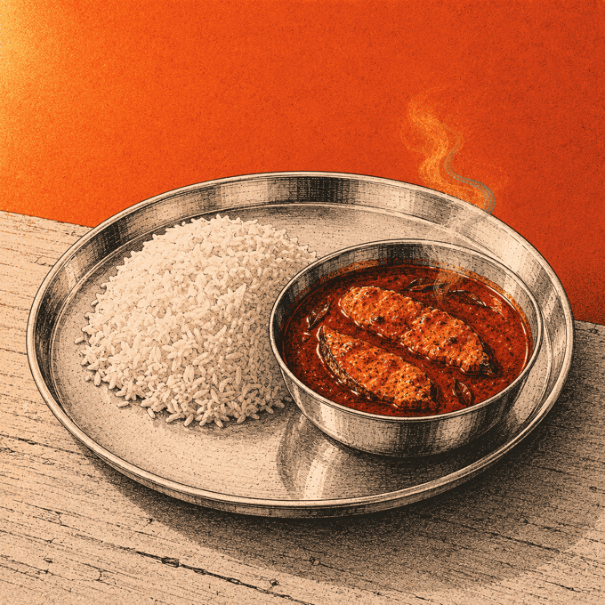 Fish curry and rice on a steel plate, the curry dark red in its bowl
