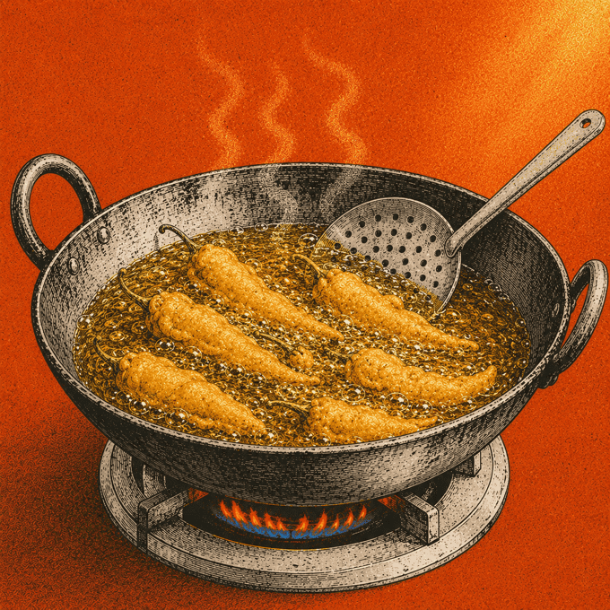 Mirchi bajjis frying in a kadai of hot oil over a low blue flame
