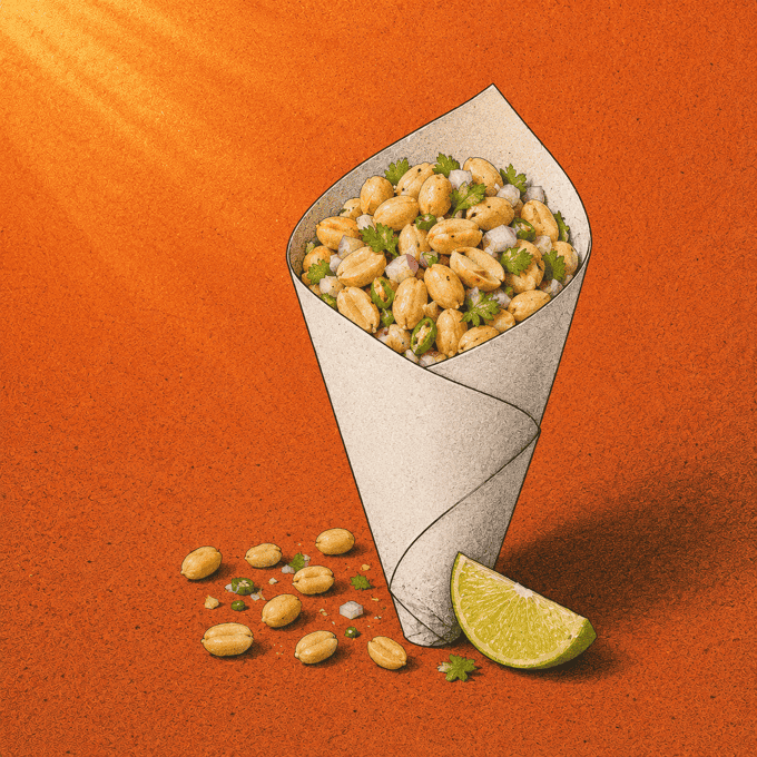A paper cone of boiled groundnuts dressed with onion, coriander and green chilli, a wedge of lime beside it