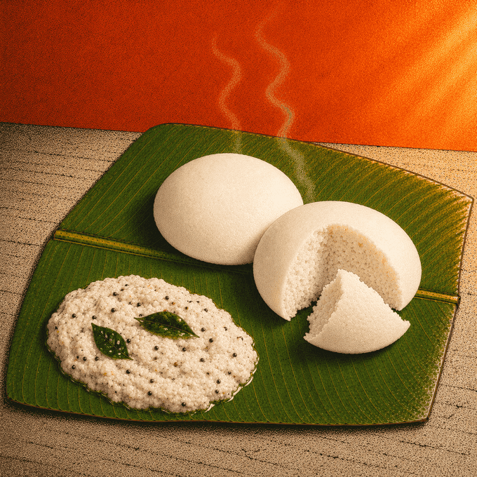 Idlis on a banana leaf, one broken open, with coconut chutney