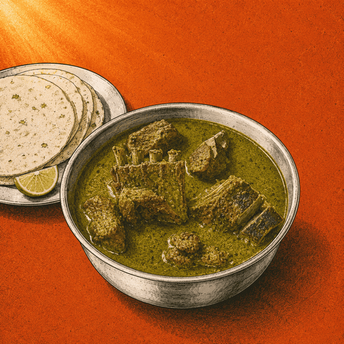 Mutton chops in a green coriander gravy, with a stack of akki rotis and a wedge of lime