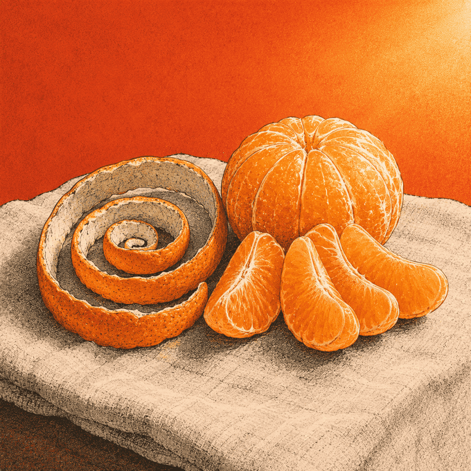 An orange peeled in one unbroken spiral, its segments separated on a cloth