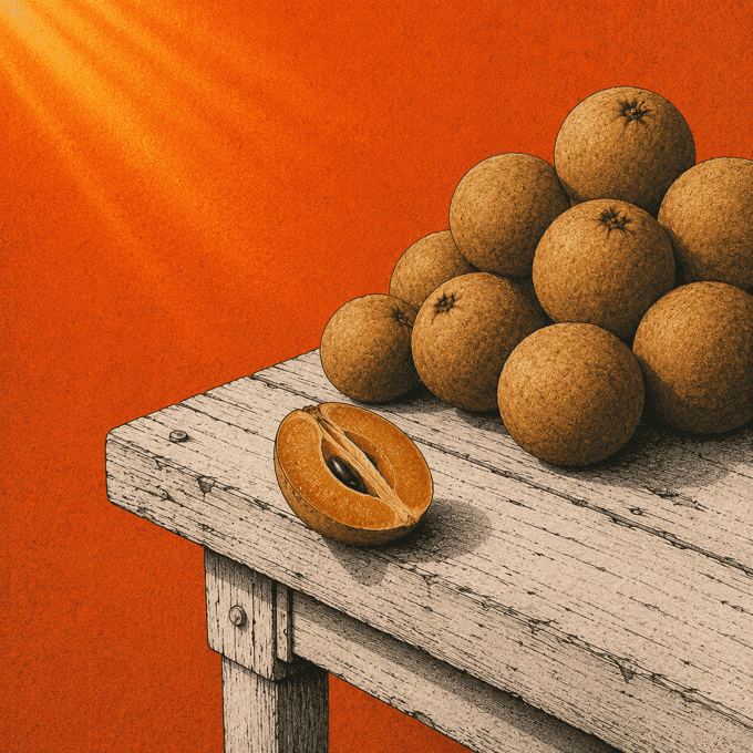 A pile of sapotas on the corner of a handcart, one cut open and set apart
