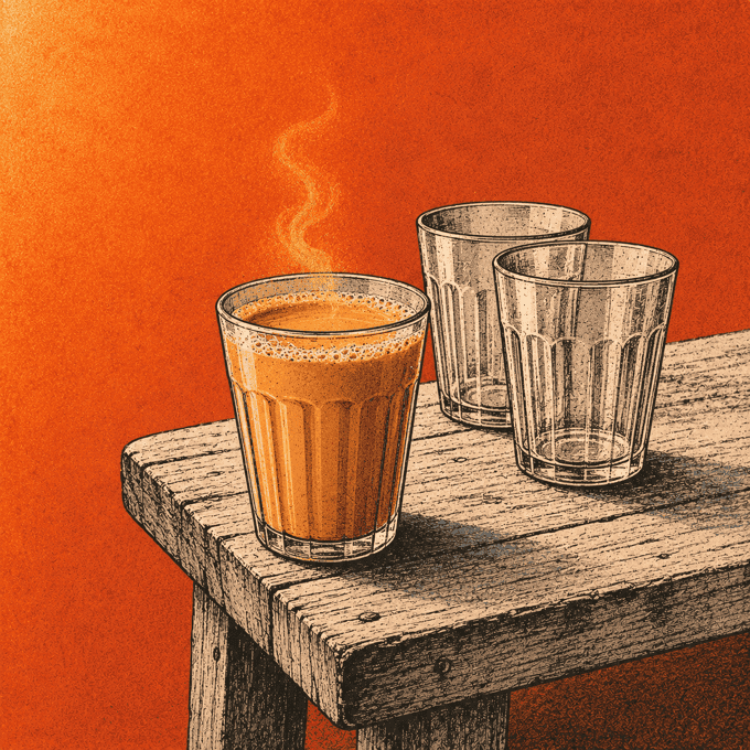 A full glass of tea on a wooden bench beside two empty ones